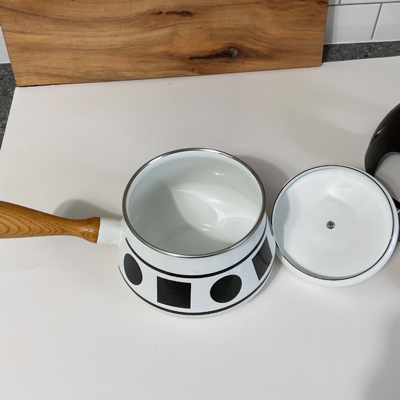 VTG Fondue Pot with Stand, White Enamel Pot MCM Black Geometric Circle Squares - Picture 9 of 9